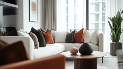 Fototapeta premium Minimalist living room with white and burnt sienna furniture. Featuring a clean, bright layout with minimal decoration
