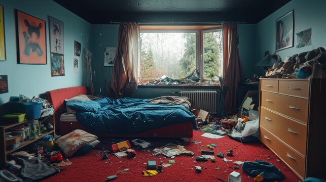 Messy teenage boy's bedroom with toys, clothes, and posters scattered on the floor and bed.