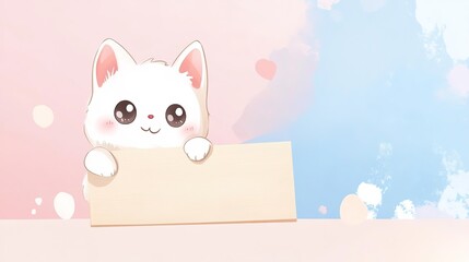 A super cute and kawaii-style dog holding a wooden blank signboard with playful lettering. The fluffy dog has large sparkling eyes, a small pink nose, and a charming smile.