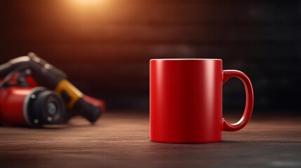 Firefighting Gear and Red Mug on Wooden Table. Generative AI