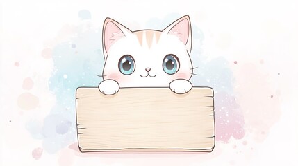 A super cute and kawaii-style dog holding a wooden blank signboard with playful lettering. The fluffy dog has large sparkling eyes, a small pink nose, and a charming smile.