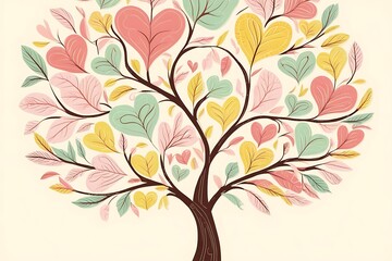 Obraz premium Valentine frame with colorful spring tree with hearts and flowers isolated on a white background.