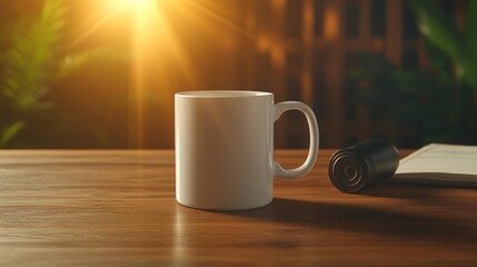 Fototapeta premium Cinematic Mug Mockup on Director's Desk with Film Elements. Generative AI