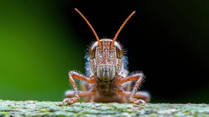Fototapeta premium Close-up of a brown grasshopper on a branch.