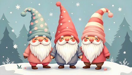 Three Cute Gnomes in Winter Wonderland