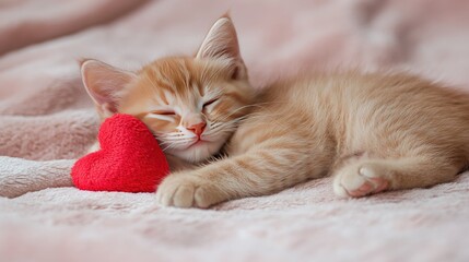Cute sleeping kitten with red heart toy on soft blanket