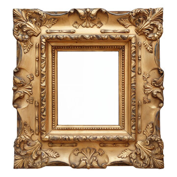 Vintage gold portrait ornate frame scrollwork curved details isolated on transparent background