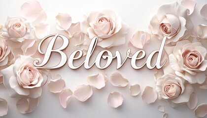 "Beloved" gracefully written in classic 3D letters intertwined with soft white roses and pale pink petals on white,