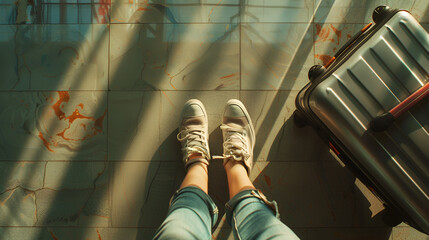 Young Girl With Boots Sitting on Marble Tiles, Generative Ai