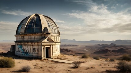 Obraz premium An old observatory with a cracked dome and graffiti-stained walls, overlooking a dry, dusty valley. 