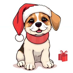 cartoon dog wearing a santa hat and scarf with a gift.