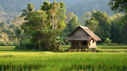 Obraz premium Tranquil Asian Rice Paddy House