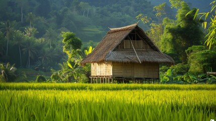 Obraz premium Serene Bamboo House in Lush Rice Paddy Fields