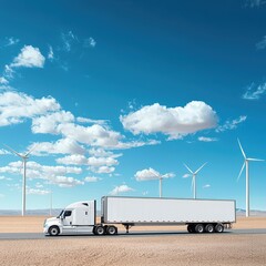 Electric semi-truck in a desert setting with wind turbines in the distance