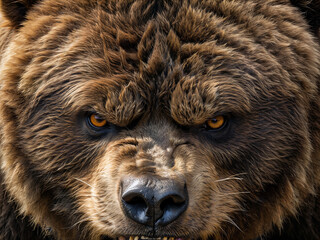 Generated face of an angry ferocious grizzly bear, close-up portrait.