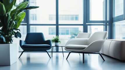 Fototapeta premium Minimalist living room with white and dark charcoal furniture. Featuring a clean, bright layout with minimal decoration