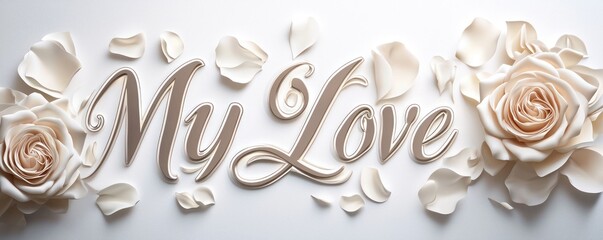 "My Love" written in elegant 3D cursive featuring ivory roses on white,