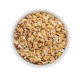 Dry oat flakes in bowl isolated on white, top view