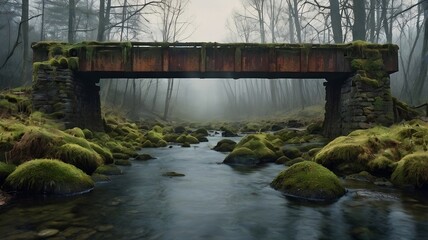 A long-forgotten bridge emerging from misty waters, with rusted rails and moss-covered beams.
