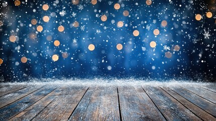 Snowy wooden surface with bokeh lights and snowflakes.