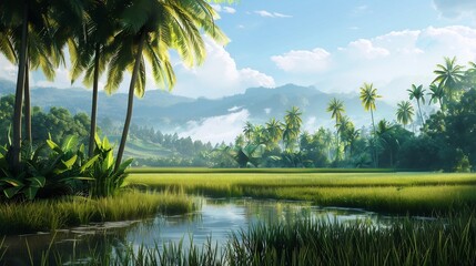 Serene Tropical Paradise: Palm Trees, Rice Paddies, and Misty Mountains