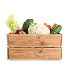 Different ripe vegetables in wooden crate isolated on white