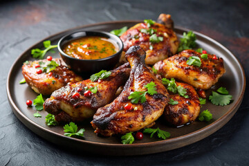 Fototapeta premium Grilled spicy chicken wings with ketchup on a black plate on a dark slate