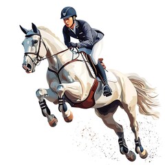 Equestrian Show Jumper and White Horse in Mid-Air, Dynamic Action Shot.