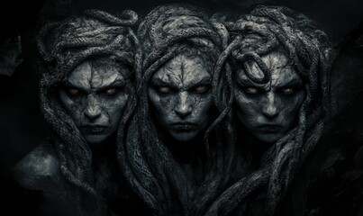 Obraz premium Three dark, serpentine figures with glowing eyes.