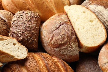 Whole and cut loafs of bread on table, closeup