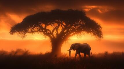 Fototapeta premium Elephant silhouetted against a fiery sunset, standing near a large acacia tree in the savanna.