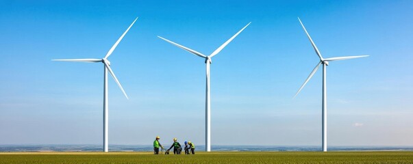 A wind farm with engineers in safety gear inspecting turbines, representing ESG and renewable energy
