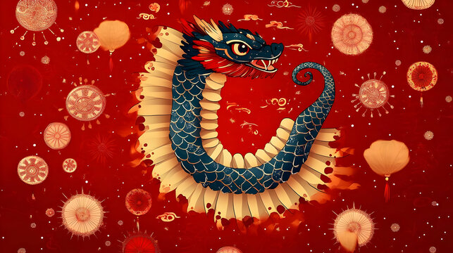 Mythical Dragon Illustration on Red Festive Background with Ornaments