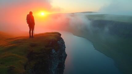 Obraz premium Hiker silhouetted at sunset overlooking misty valley.