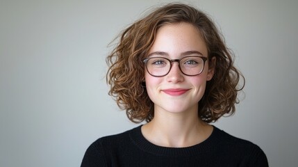 Obraz premium Portrait of a smiling young woman with curly brown hair wearing glasses against a neutral background.