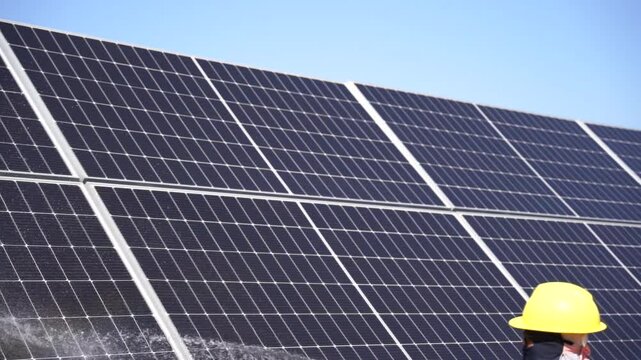 Solar power plant(solar cell) on summer season, hot climate causes increased power production, Alternative energy to conserve the world's energy, Photovoltaic module idea for clean energy production.
