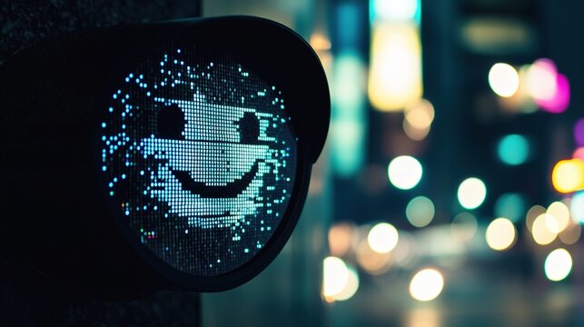 Abstract silhouette of a surveillance camera with a pixelated digital smile replacing the lens, symbolizing digital security, privacy, and modern technology concepts.