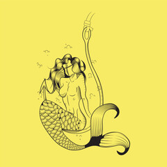 sketch style mermaid illustration sitting on a hook under the sea, just the line
