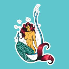 illustration of mermaid sitting on fishhook in tattoo sketch style and colored neotrad with white sticker border