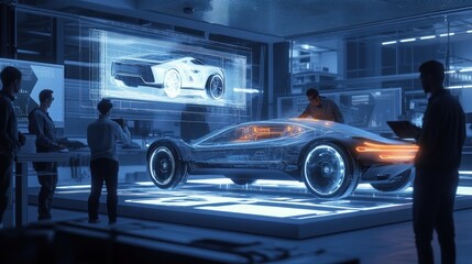 Engineers examine futuristic car design hologram.