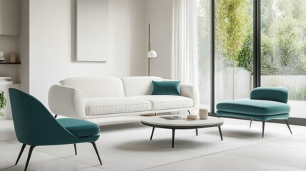 Minimalist living room with white and light teal furniture. Featuring a clean, bright layout with minimal decoration