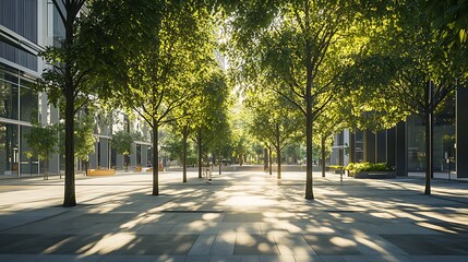 Fototapeta premium A group of trees in an urban plaza, surrounded by contemporary buildings, with sunlight filtering through the leaves and casting patterns on the ground 