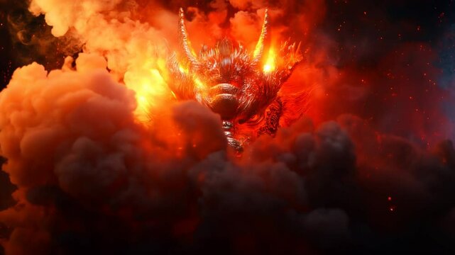 Dragon Emerges from Fiery Clouds Fantasy Art Digital Illustration Surreal Environment Dramatic Perspective