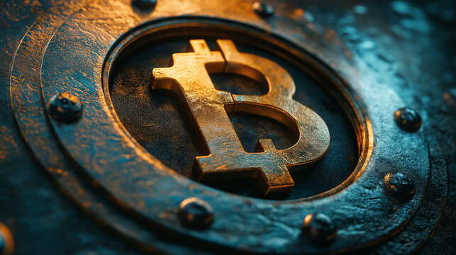 Safe Vault. A circular vault with a keyhole and currency symbol. Finance, logo, security
