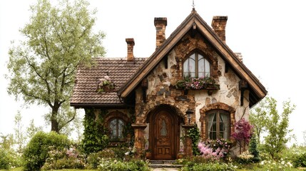 Fototapeta premium Charming stone cottage with flowers and trees.