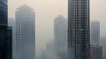Fototapeta premium Towering skyscrapers barely visible, peeking through a thick layer of early morning fog. 