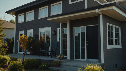 A two-story dark gray house with white trim and windows.  A covered porch has patio furniture and planters. Landscaping includes shrubs and small trees.  The front door is dark-colored.