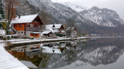 Fototapeta premium Snowy alpine village reflected in calm lake water.