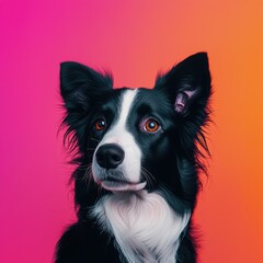 Playful black and white dog against colorful gradient background