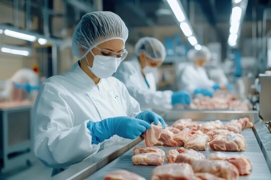Factory workers in protective gear sorting and handling raw chicken on a conveyor belt in a meat processing facility.